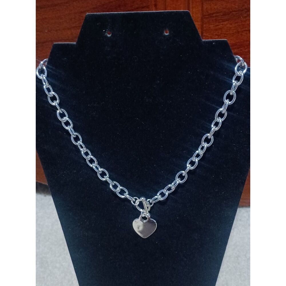 Silver-Toned T-Bar Chain Necklace w/ Heart Tag, 16"